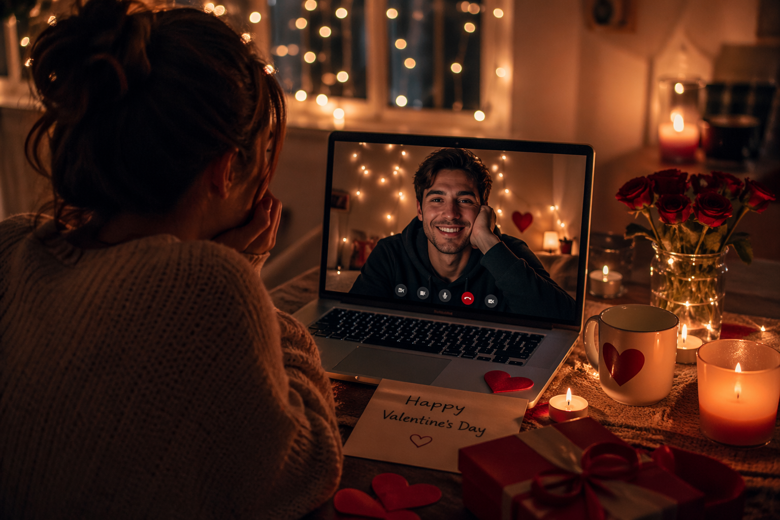 Couple on a Valentine's Day video call in a long distance relationship, soft candlelight and fairy lights, warm cinematic tones